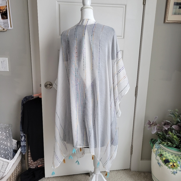 Torrid Ivory & Rainbow Stripe Fringe Kimono/Ruana. Lightweight, elegant OS - Picture 2 of 3
